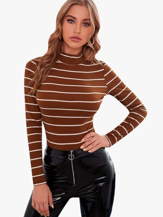 Tops - Floerns Women's Mock Turtleneck Long Sleeve Slim Fit Stretch Striped T-Shirts Co